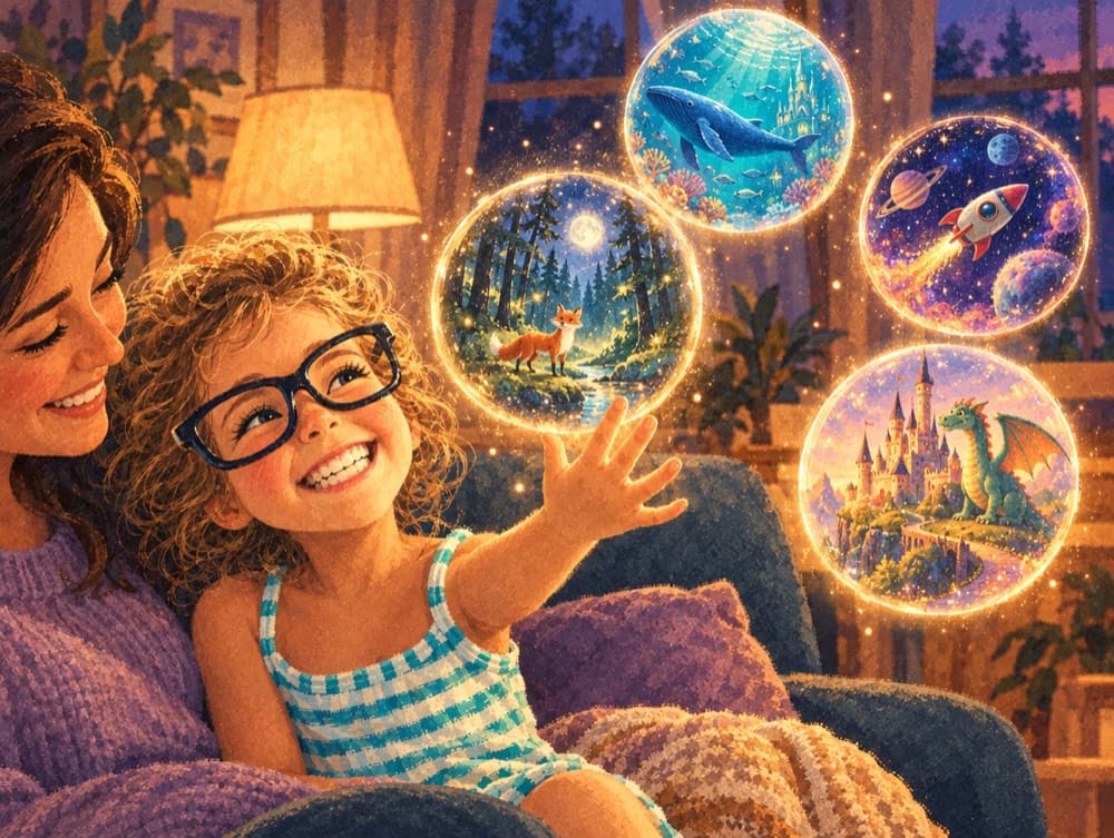 A smiling child reaches toward glowing story worlds: a forest fox, an undersea castle, a rocket in space and a dragon by a castle.