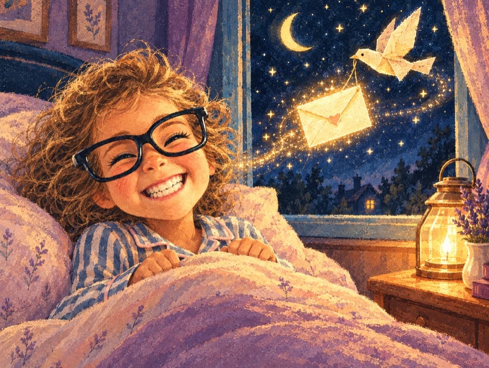 A child grins in bed as a paper bird carries a glowing letter past the moonlit window.