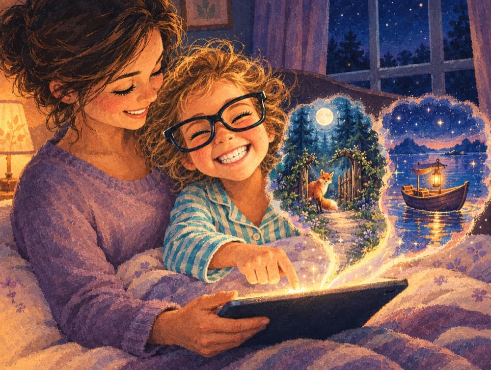 Snuggled beside a parent, a child taps a choice while two story paths glow above: a fox at a garden gate and a lantern boat on the water.